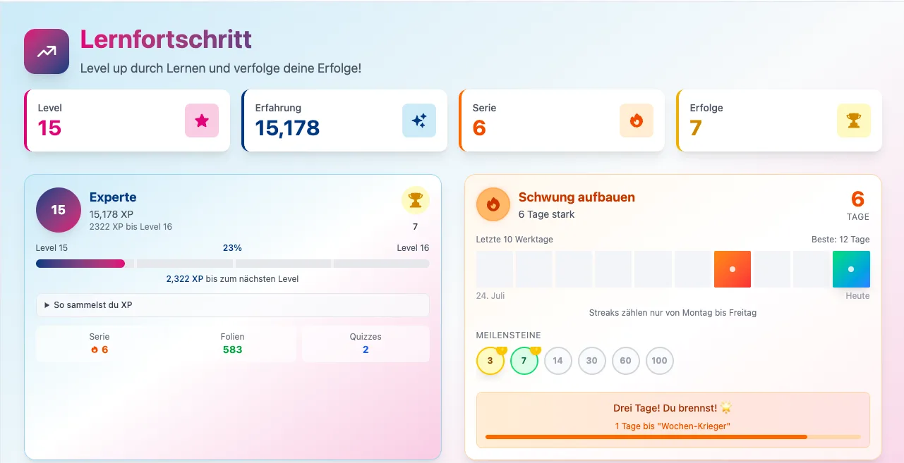 Lernen, das Spaß macht: XP, Level & Achievements